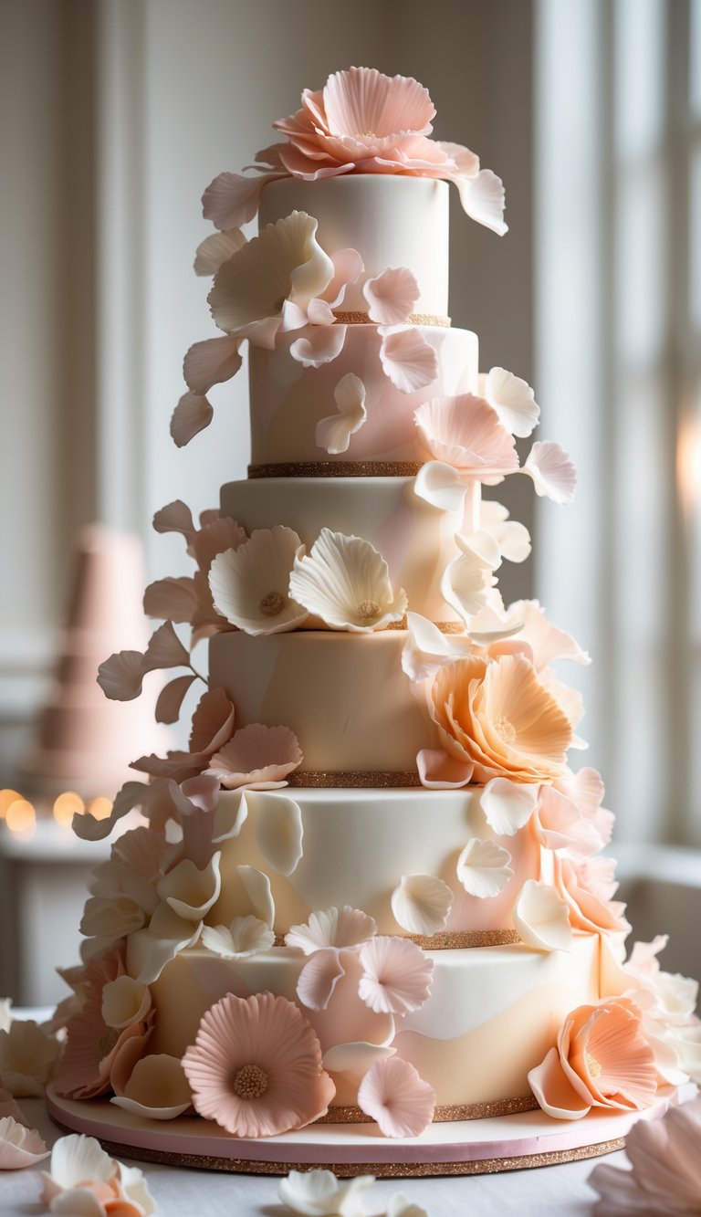 A multi-tiered wedding cake decorated with cascading edible sugar petals in soft pastel colors.